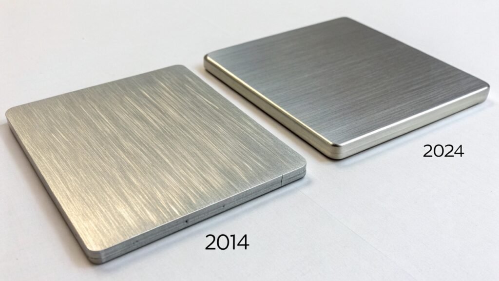 A comparative chart detailing the chemical composition and key properties of 2014 and 2024 aluminum alloys.